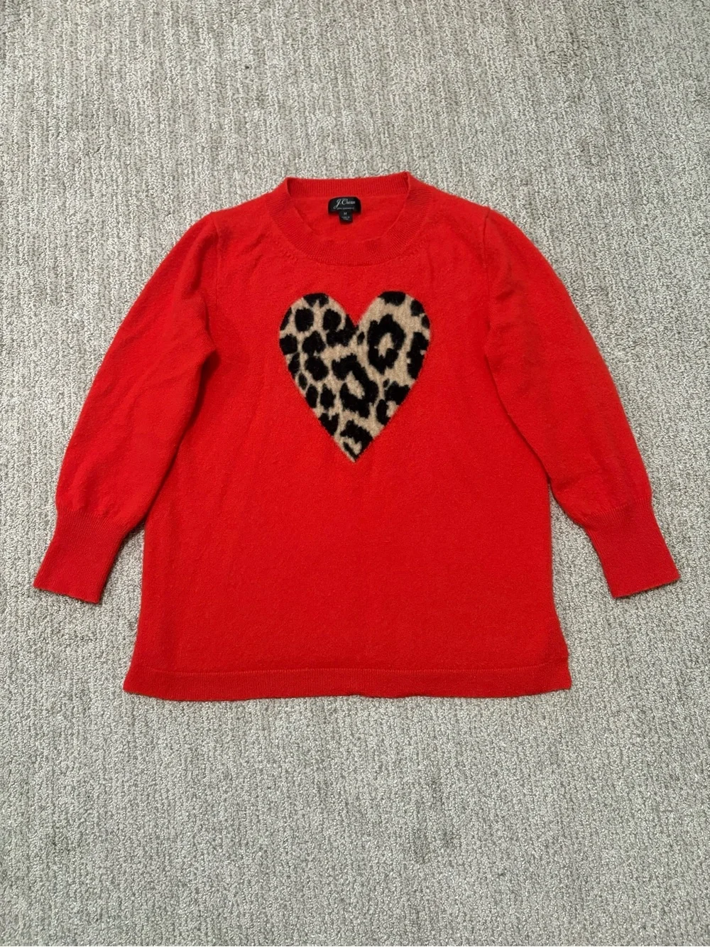 J. Crew Red Crewneck Sweater with Leopard Heart Applique